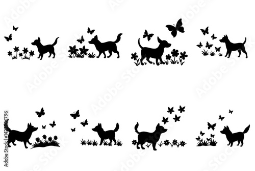 Silhouette of a small dog chasing butterflies in a meadow