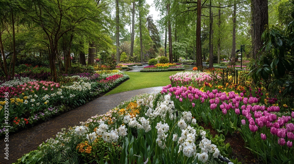 Obraz premium Path through colorful flower garden with lush green trees, showcasing nature's beauty and tranquility, ideal for relaxing and peaceful walks.