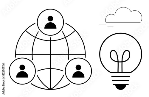 Globe with people icons representing teamwork and connection, paired with a lightbulb for innovation. Ideal for networking, ideas, communication, collaboration, teamwork, creativity success. Flat