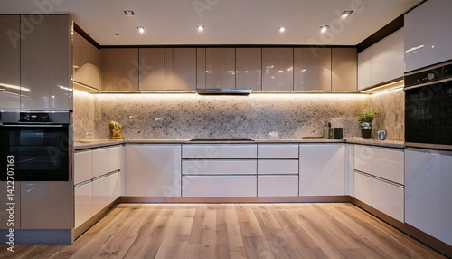 A modern kitchen interior with light wood floors and glossy cabinets design
