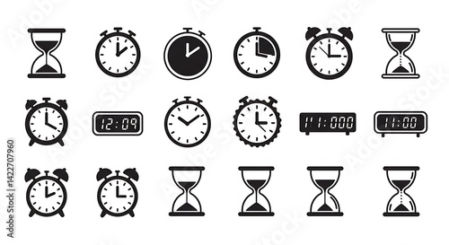 Clock Icons Collection Time Related Symbols in Black and White