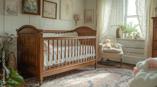 Traditional nursery with a vintage wooden crib soft pastel colors and lace curtains captured in a close up shot