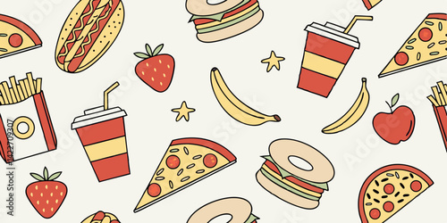 Seamless Vector Pattern of Fast Food and Fruits A Fun Design for Various Applications