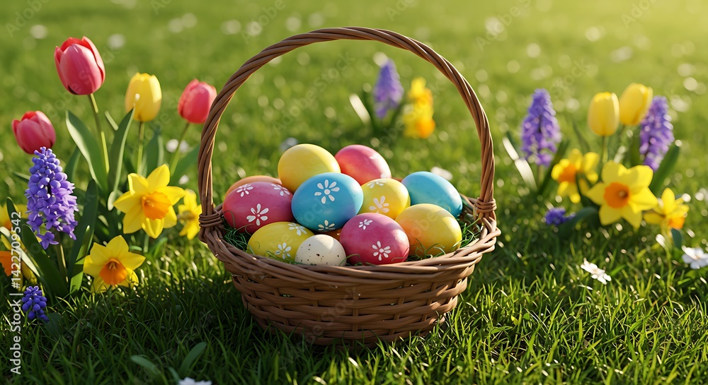 Easter Eggs in Basket with Spring Flowers on Grass Easter Eggs in Basket with Spring Flowers on Grass