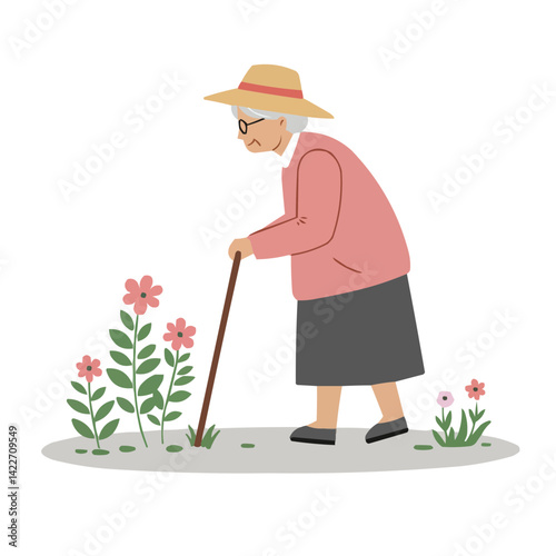 Elderly woman in garden - silver-haired woman in straw hat tending flowers on sunlit lawn, atmosphere of peace and harmony with nature.