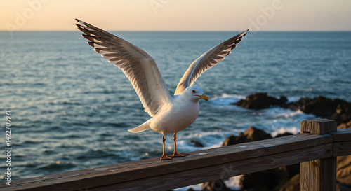 Seagull on Railing by Ocean at Sunset