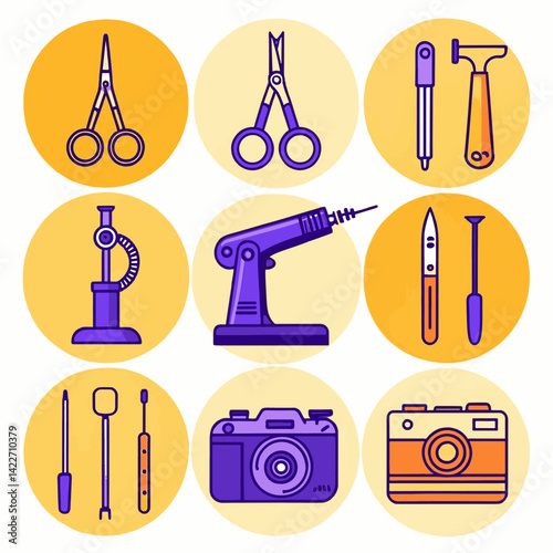 Robotic Surgery Tools Flat Icon Set – Scalpel, Forceps, Camera (Monochrome, Editable)