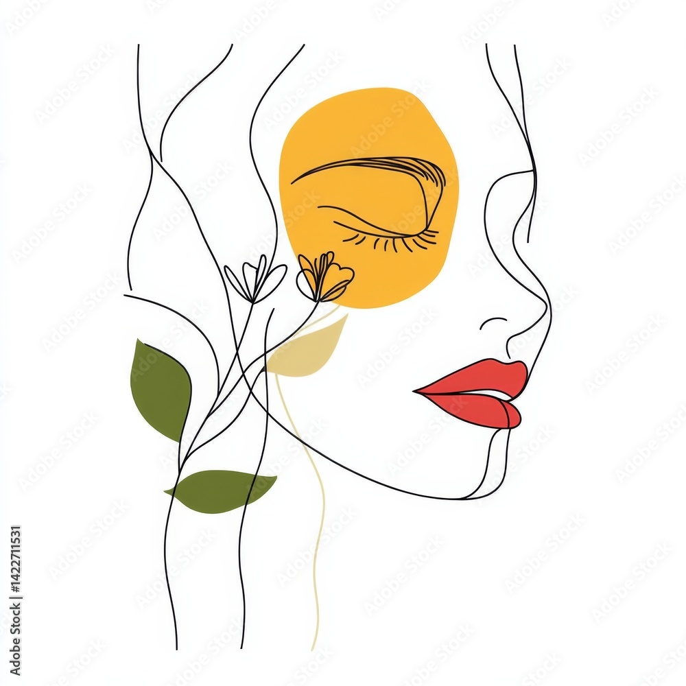 Trendy abstract one line drawing of a woman's face with flower and leaves.