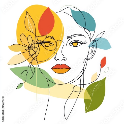 Trendy abstract one line drawing of a woman's face with flower and leaves. 