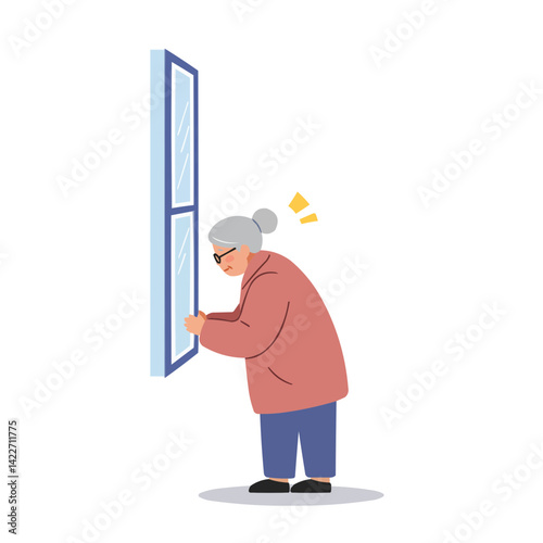 Elderly person near cold window - senior person by frosted window, atmosphere of quiet solitude and nostalgia,