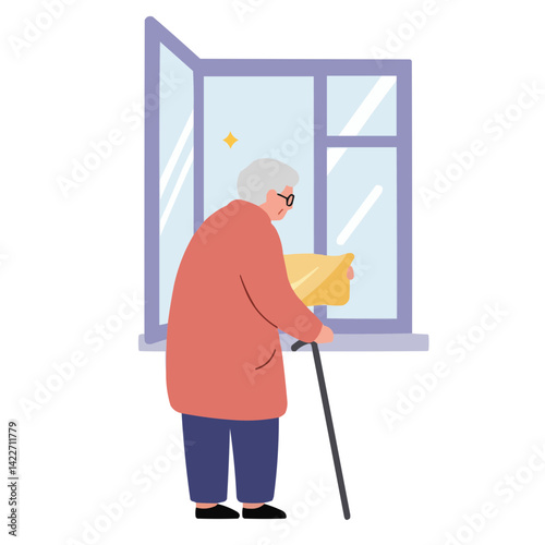 Elderly person near cold window - senior person by frosted window, atmosphere of quiet solitude and nostalgia,