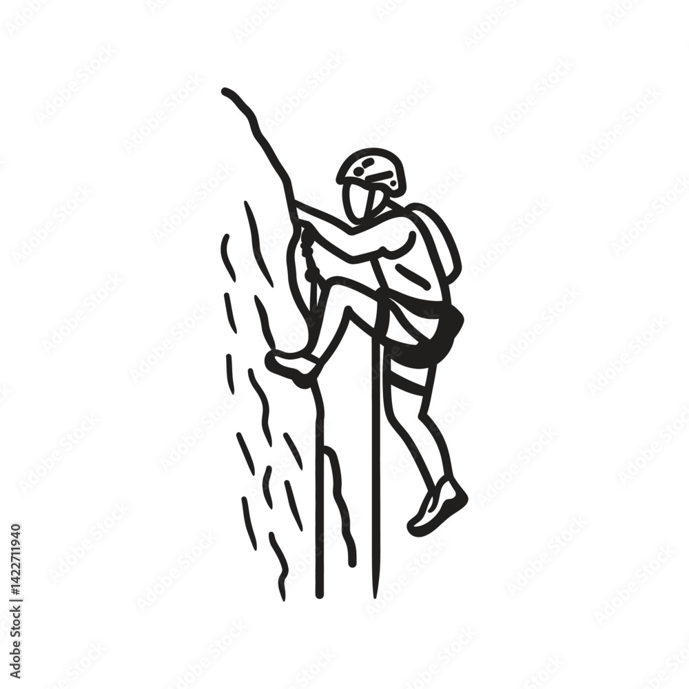 Fototapeta premium Rock Climber Silhouette Person Ascending Cliff Face with Gear on Transparent