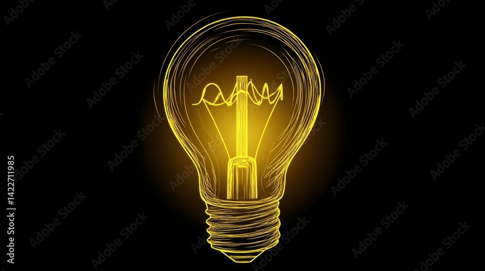 Turned on Lightbulb. Yellow continuous one line drawing of electric light bulb. Concept of idea emergence. Vector illustration