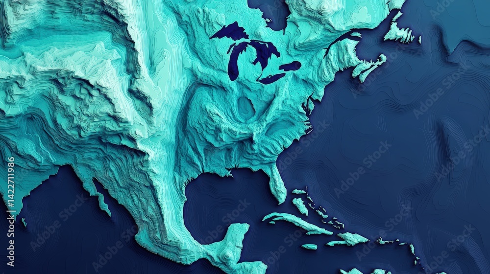 Digital topographical representation of Gulf of America. Coastal elevation contours with professional navy blue gradient waters designed for scientific publications and maritime navigation reference.
