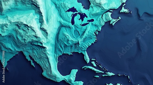Obraz na płótnie Digital topographical representation of Gulf of America. Coastal elevation contours with professional navy blue gradient waters designed for scientific publications and maritime navigation reference. w salonie