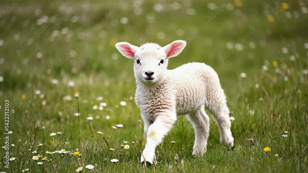 Adorable white lamb walks forward through a sunny green meadow filled with small flowers Adorable white lamb walks forward through a sunny green meadow filled with small flowers