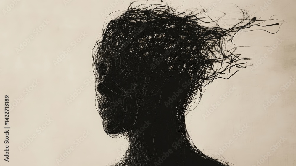 Minimalist illustration showing abstract dark threads entangling human shape, symbolizing anxiety and emotional confusion in modern artistic style for mental health awareness and introspection themes Minimalist illustration showing abstract dark threads entangling human shape, symbolizing anxiety and emotional confusion in modern artistic style for mental health awareness and introspection themes