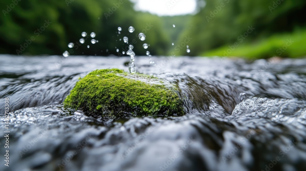 Fototapeta premium Water droplets splash from a mossy green stone sitting in the middle of a fast-flowing river.