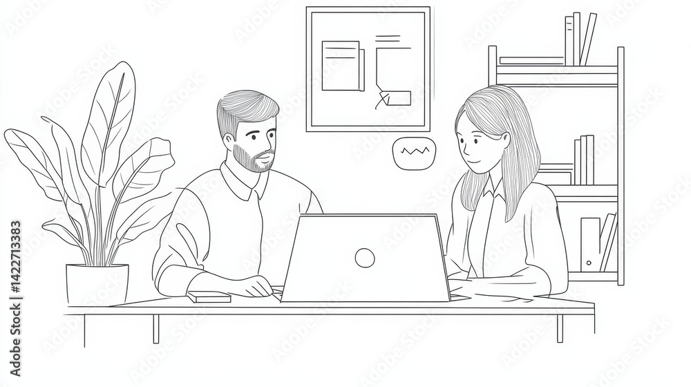 Two office workers at work using laptop continuous one line drawing.