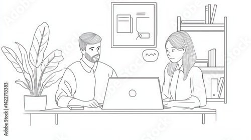 Obraz na płótnie Two office workers at work using laptop continuous one line drawing. w salonie