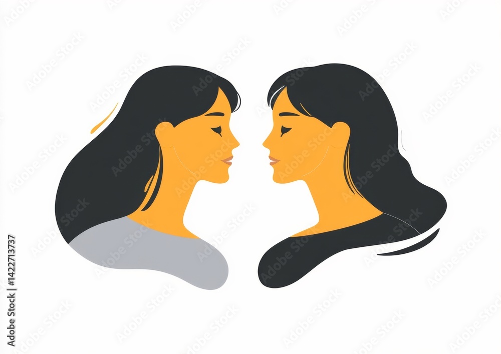 Two women on a video call, minimalist flat vector illustration with round cornered windows, grey and yellow color scheme