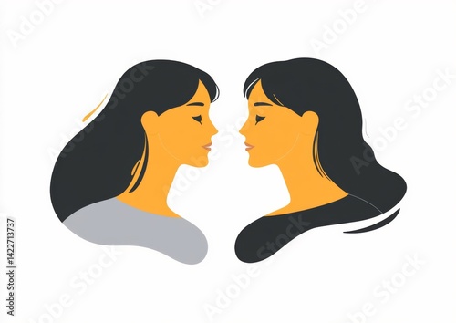 Obraz na płótnie Two women on a video call, minimalist flat vector illustration with round cornered windows, grey and yellow color scheme w salonie