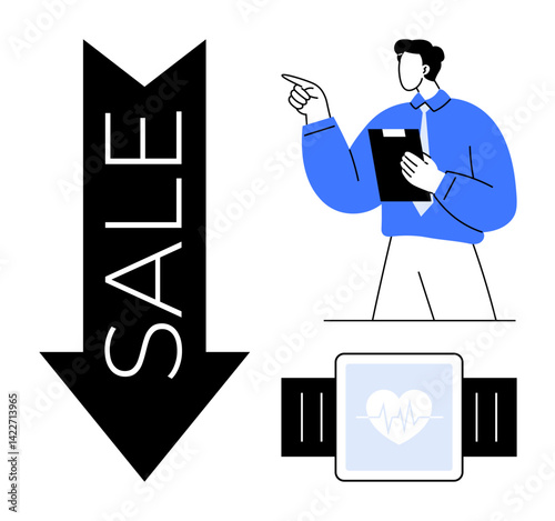 Downward arrow labeled SALE, smartwatch with heart rate monitor, man in formal attire holding clipboard and pointing. Ideal for sales, marketing, healthcare, fitness, technology, discounts