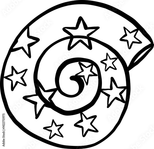 Groovy Summer Thing Cartoon Snail Shell with Stars Hand Drawn Outline Doodle