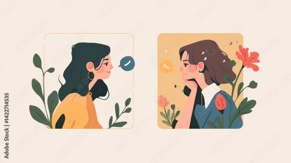 Two simple cartoon windows on a screen displaying avatars of two women talking to one another in a video call