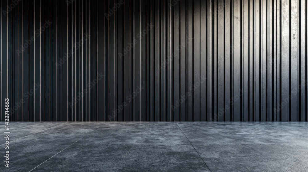 Modern interior space featuring a textured black wall with vertical lines and a polished concrete floor providing an industrial ambiance Modern interior space featuring a textured black wall with vertical lines and a polished concrete floor providing an industrial ambiance
