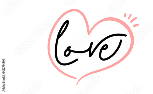 Love word text with doodle linear heart on the background.