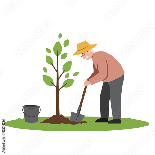 Elderly man planting tree - silver-haired man tenderly planting young sapling in garden, sunlight illuminating his work-worn hands, atmosphere of wisdom and nurturing nature.
