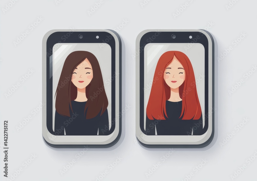 Two simple cartoon windows on a screen displaying avatars of two women talking to one another in a video call