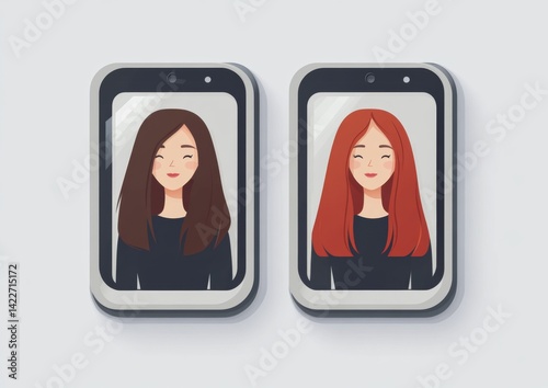 Obraz na płótnie Two simple cartoon windows on a screen displaying avatars of two women talking to one another in a video call w salonie