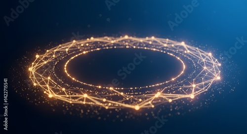 Abstract Golden Network Connection Digital Ring  Technology Background. Futuristic glowing particles, nodes, lines, and connections. Digital data network concept.