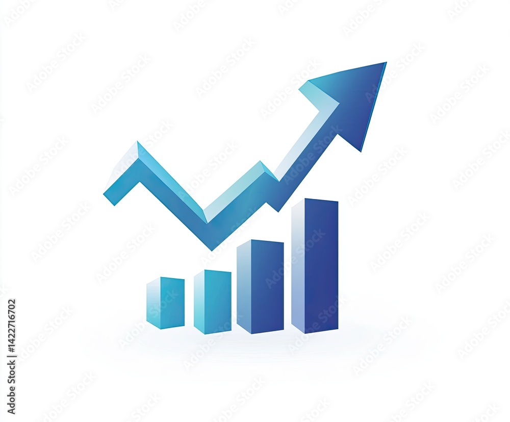 3D arrow rising above bar graph, symbolizing growth and success.