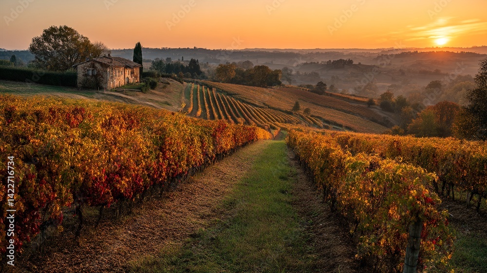 Fototapeta premium Golden vineyards stretch across a serene landscape, kissed by the warm glow of the setting sun, promising an abundant harvest.
