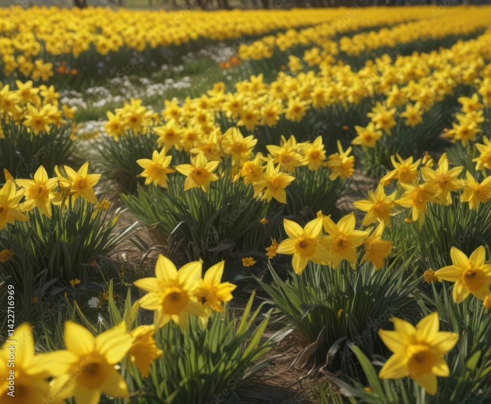 Fototapeta premium Sunlit field of vibrant yellow daffodils, petals glistening , flora, daffodils