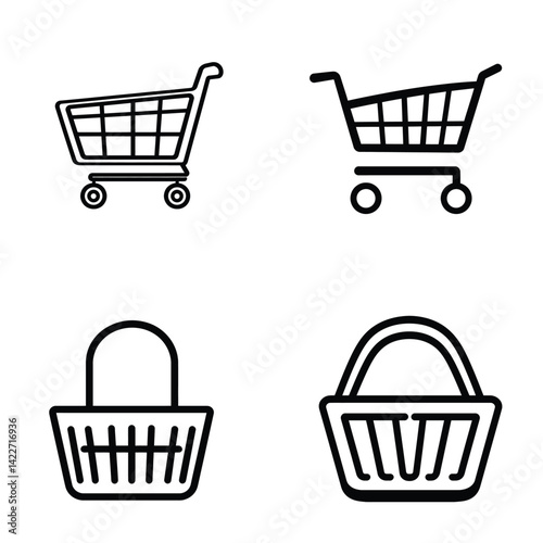 Shopping Cart Icons Set, Outline Design, Contains Market Basket, Isolated Elements