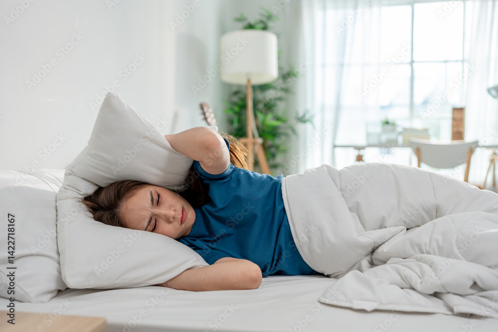 Asian frustrated beautiful girl struggle to fall asleep in the morning. Asian frustrated beautiful girl struggle to fall asleep in the morning.