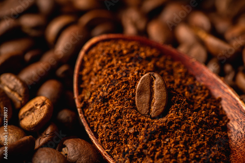 Wooden spoon with grounded coffee on the roasted coffee beans on the wooden table. Warm colors background with coffee beans. Shot from above. Shallow depth of field.
