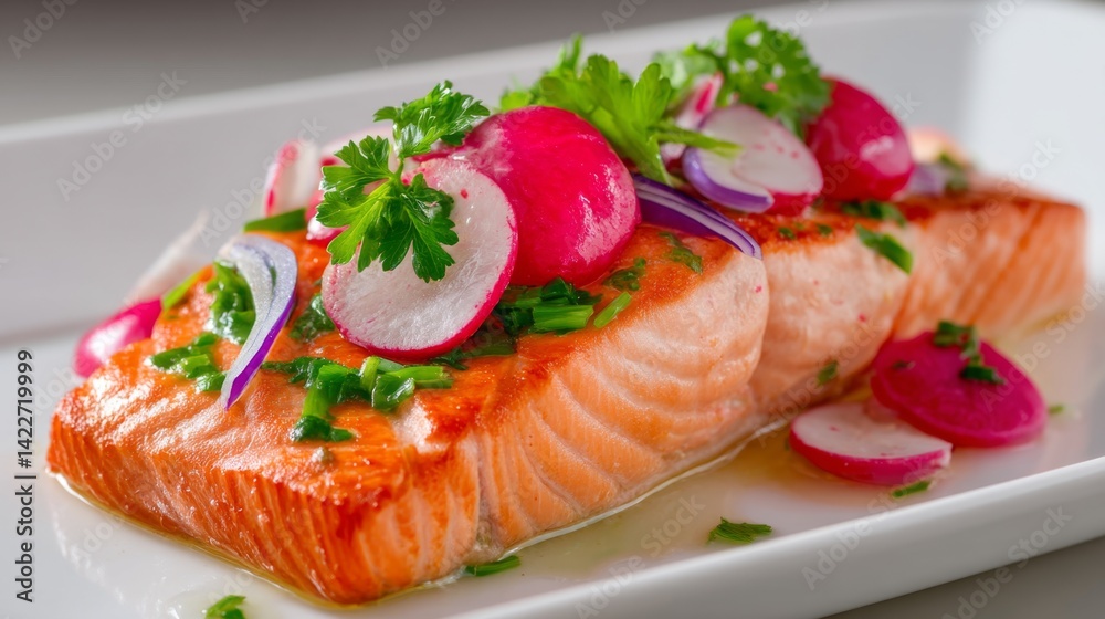 Fresh Grilled Salmon with Radishes and Herbs on White Plate Fresh Grilled Salmon with Radishes and Herbs on White Plate