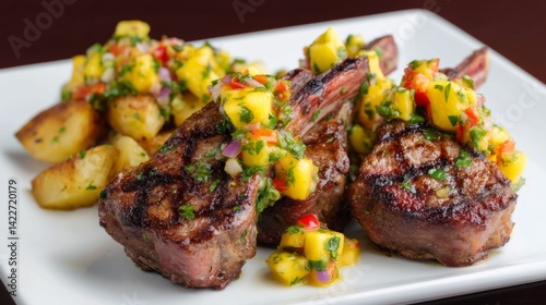 Grilled Lamb Chops with Mango Salsa and Seasoned Potato Wedges