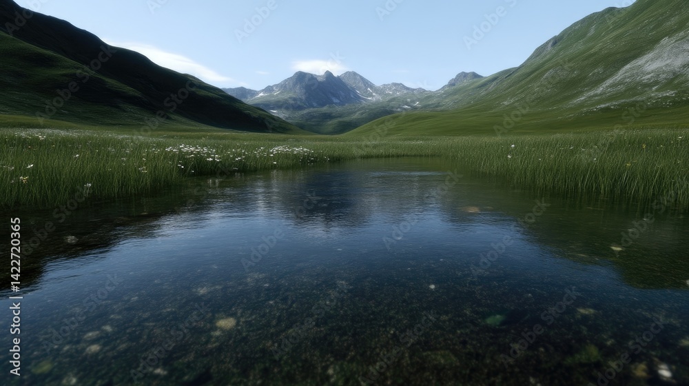 Fototapeta premium Serene alpine valley stream reflecting a tranquil mountain range. Lush green meadows and wildflowers border a crystal-clear stream