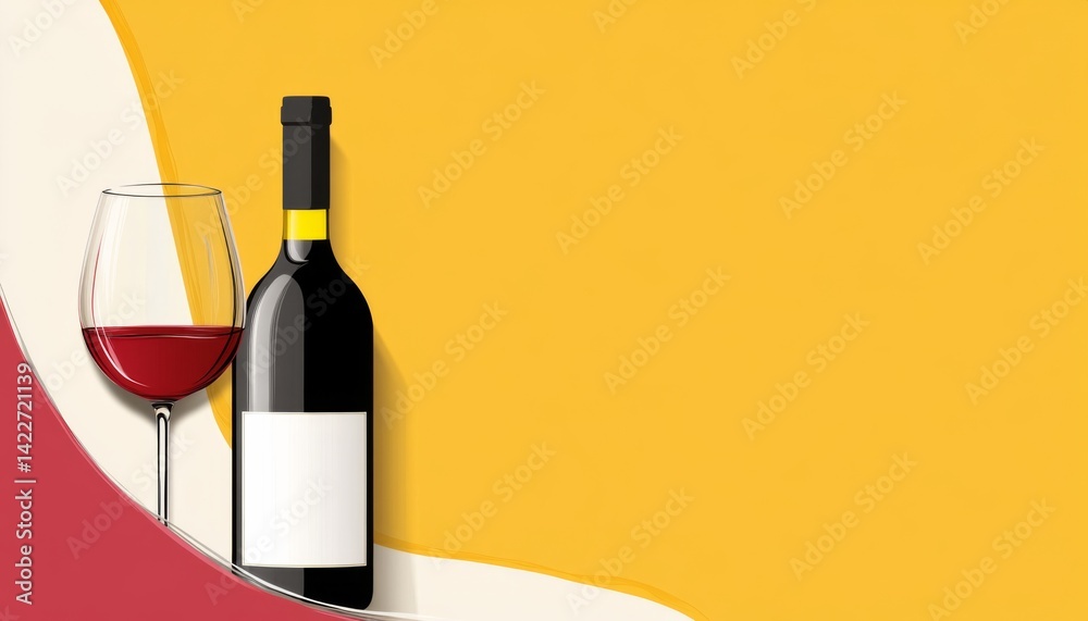 Vector illustration of a wine bottle and glass in minimalist style with a yellow background, purple hues, and white space in the middle, creating a colorful composition.