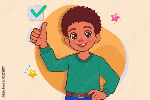A schoolboy raise thumb up give feedback. Cartoon People Vector Illustration.