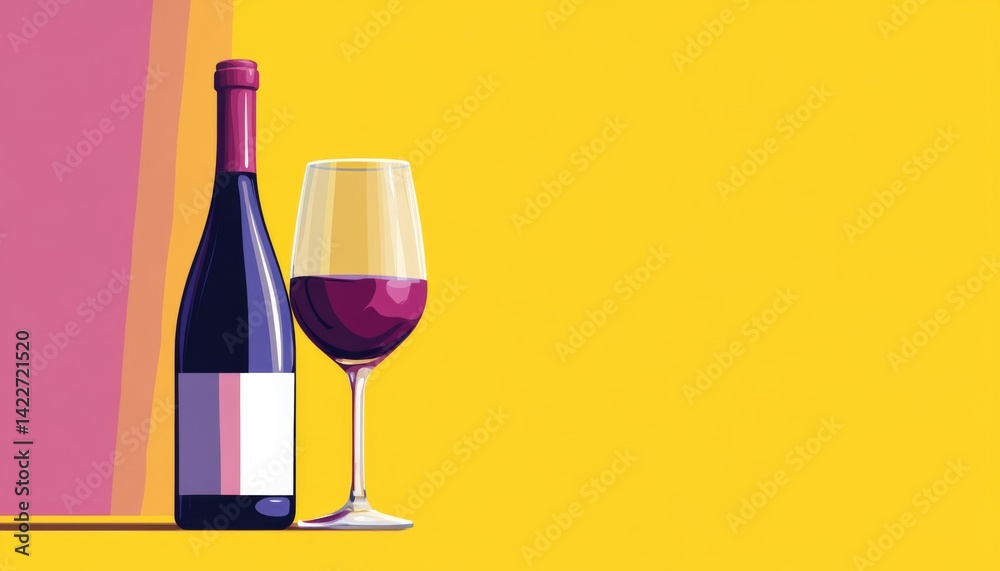 Vector illustration of a wine bottle and glass in minimalist style with a yellow background, purple hues, and white space in the middle, creating a colorful composition.