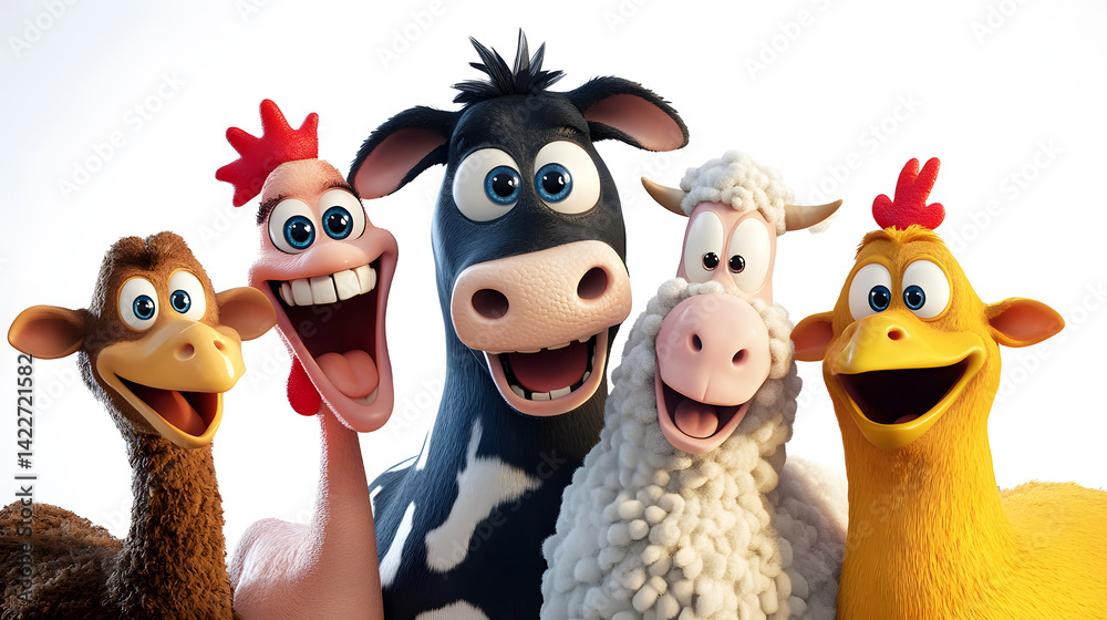 Fototapeta Group of cartoon animals cows, sheep, chickens on farm, cheerful and smiling, placed on white background, suitable for fun learning illustrations, children's imagination nature themed designs.