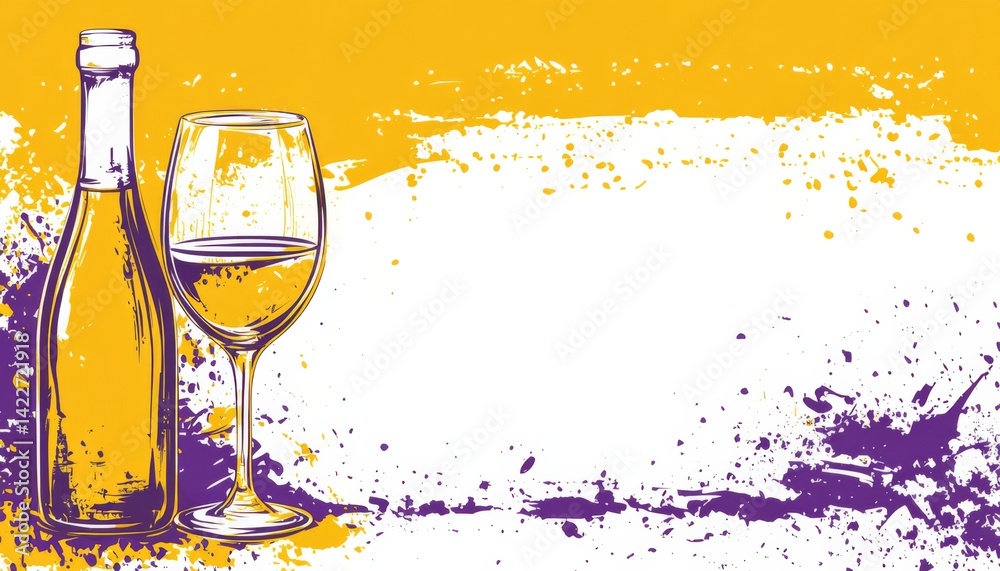 Vector illustration of a wine bottle and glass in minimalist style with a yellow background, purple hues, and white space in the middle, creating a colorful composition.