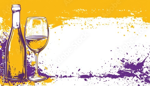 Obraz na płótnie Vector illustration of a wine bottle and glass in minimalist style with a yellow background, purple hues, and white space in the middle, creating a colorful composition. w salonie